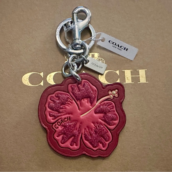SUPER RARE Coach Leather Glittered Hibiscus Flower Keychain Fob Bag Charm - Picture 1 of 8